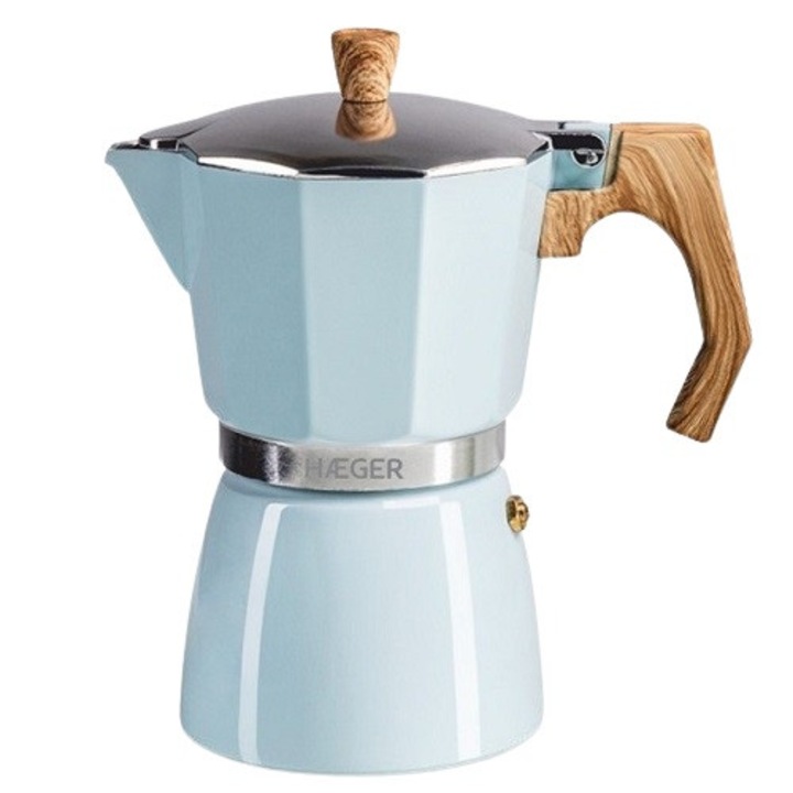 Espressor de cafea, HAEGER MOKA CP-06A.011A, capacitate 6 cesti, potrivit pentru plite pe gaz, electrice, vitroceramice, Blue