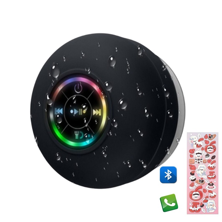 Преносим високоговорител Fbirddek™ BTS07, безжичен, Bluetooth, водоустойчив, 7 цвята LED, вграден микрофон, анимационни стикери, за PC Mac лаптоп, черен/сив