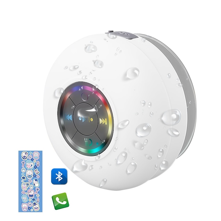 Преносим високоговорител Fbirddek™ BTS07, безжичен, Bluetooth, водоустойчив, 7 цвята LED, вграден микрофон, анимационни стикери, за PC Mac лаптоп, бял/сив