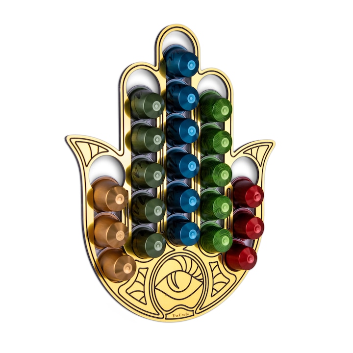Stand, BoTeCo, pentru capsule de cafea Nespresso Classic, Golden Hamsa Hand, efect auriu, autoadeziv