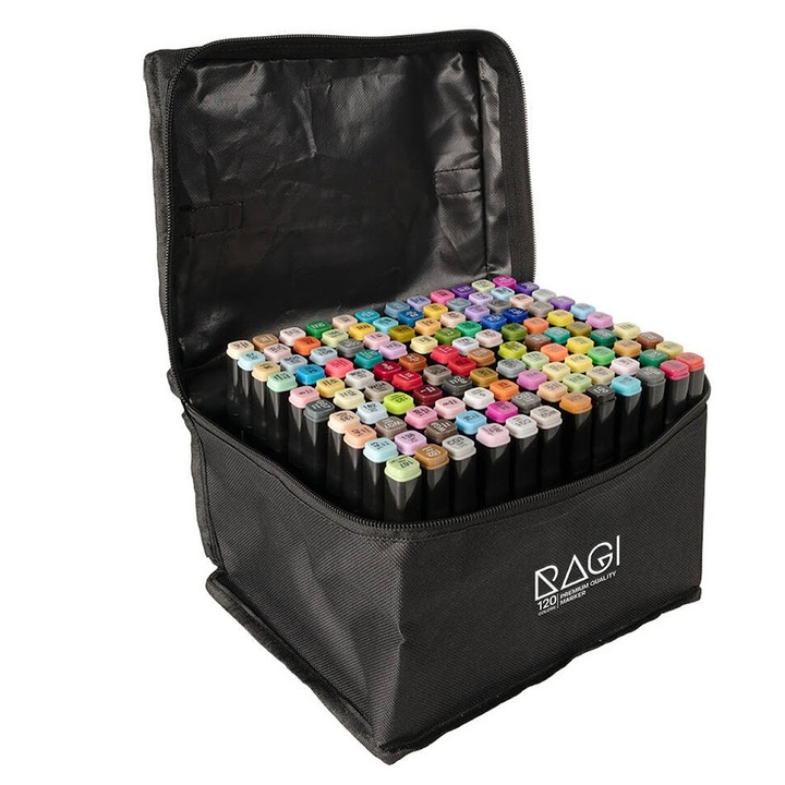 Set 120 de markere colorate RAGI, capete duble, cerneala pe baza de alcool, cu geanta si suport din plastic