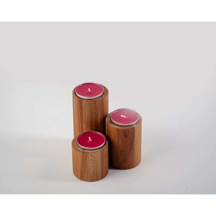 Set 3 buc. suport cilindric din lemn ( fag ), culoare natur, pentru lumanari tip pastila diametru 40 mm