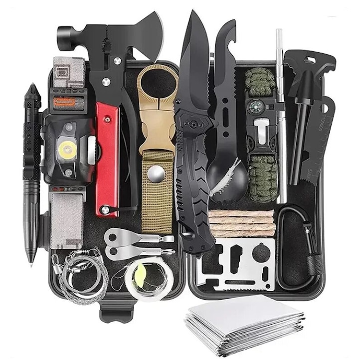 Kit Supravietuire 30 In 1 Solid Volt, ustensile multifunctionale incluse, unelte, ideal pentru pentru excursii, drumetii, camping, pescuit, outdoor, vanatoare, calatorii, trusa impermeabila pentru transport inclusa, negru