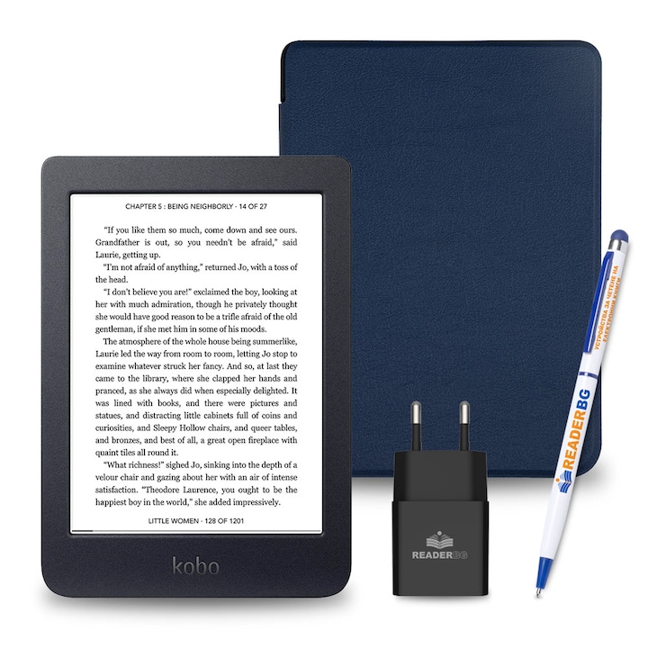 Комплект eBook четец Kobo Nia, Калъф Тъмносин, 4 части