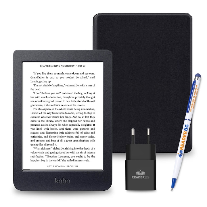 Комплект eBook четец Kobo Nia, Калъф Черен, 4 части