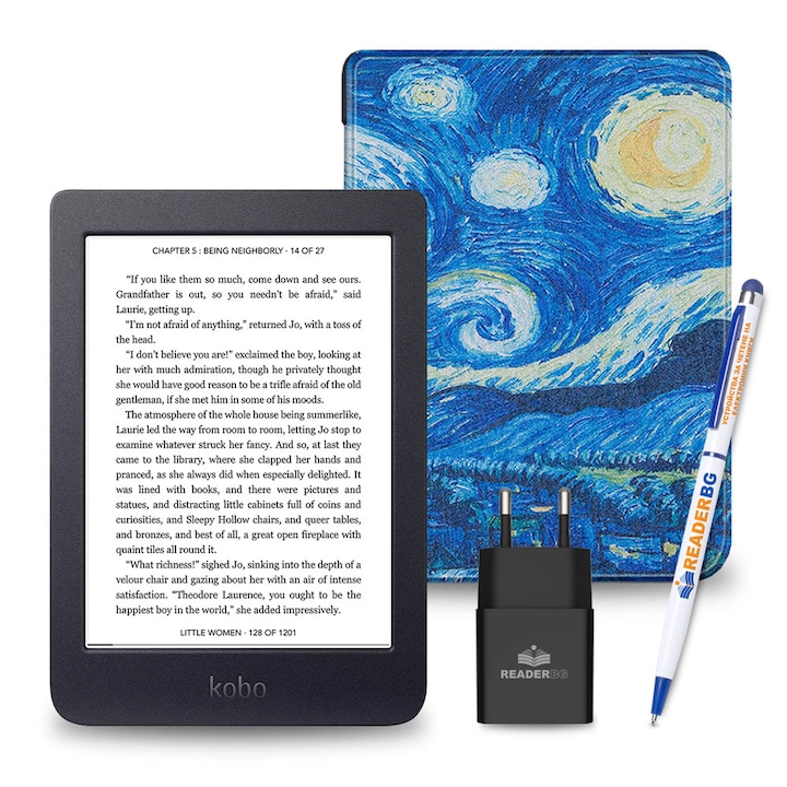 Комплект eBook четец Kobo Nia, Калъф Звездна нощ, 4 части