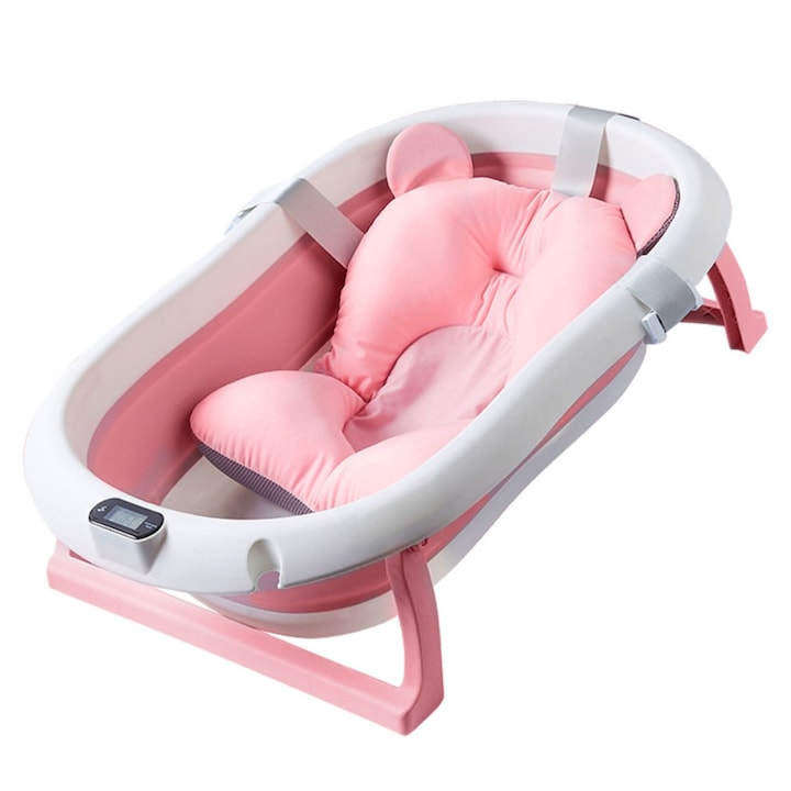 Бебешка вана с възглавница Teno, вграден дигитален термометър, сгъваема, тапа за източване, неплъзгащи се крачета, ергономичен дизайн, 75 x 45 x 22, розов