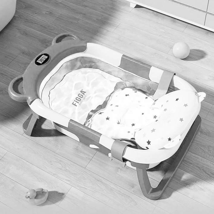 Сгъваема вана за бебе FiGGA®, 0-48 месеца, преносима, допълнително сгъваема, термометър, неплъзгащи се крачета, опора за душ слушалка, сива