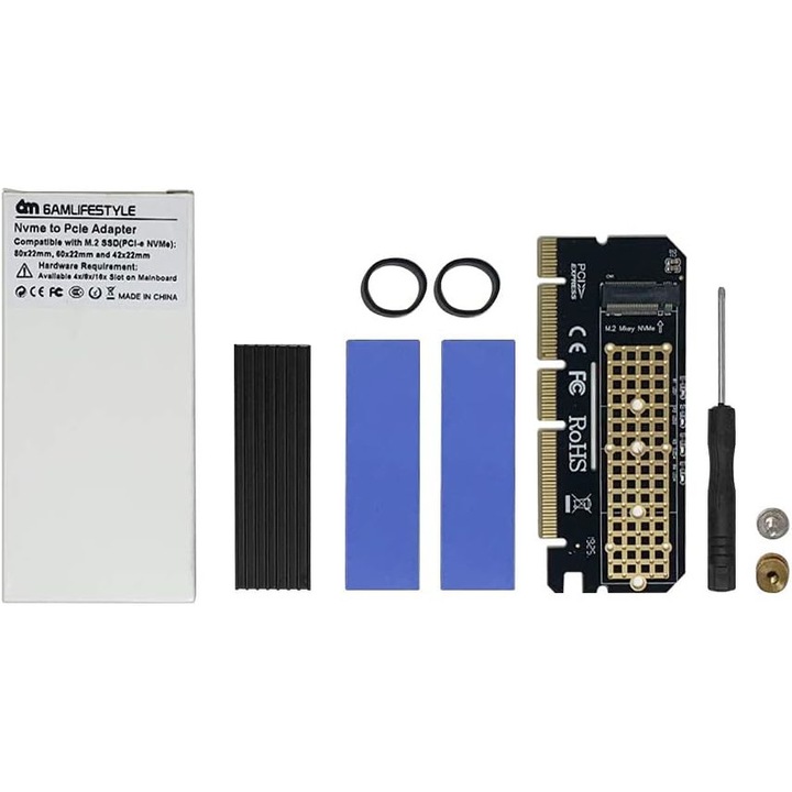 M.2 NVME SSD към PCIe адаптер, JENUOS®, С алуминиев радиатор и термотрансферна плоча, Преносим, Черен