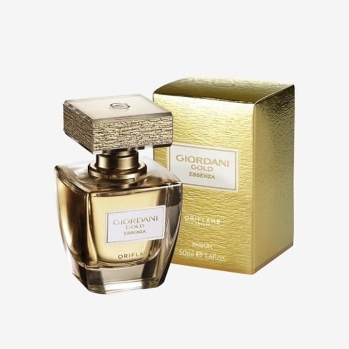 Set complet pentru Ea, parfum de femei Giordani Gold Essenza, insotit de insigna Dactylion cu mesaj motivational, cadou un trandafir rosu suflat la baza cu aur