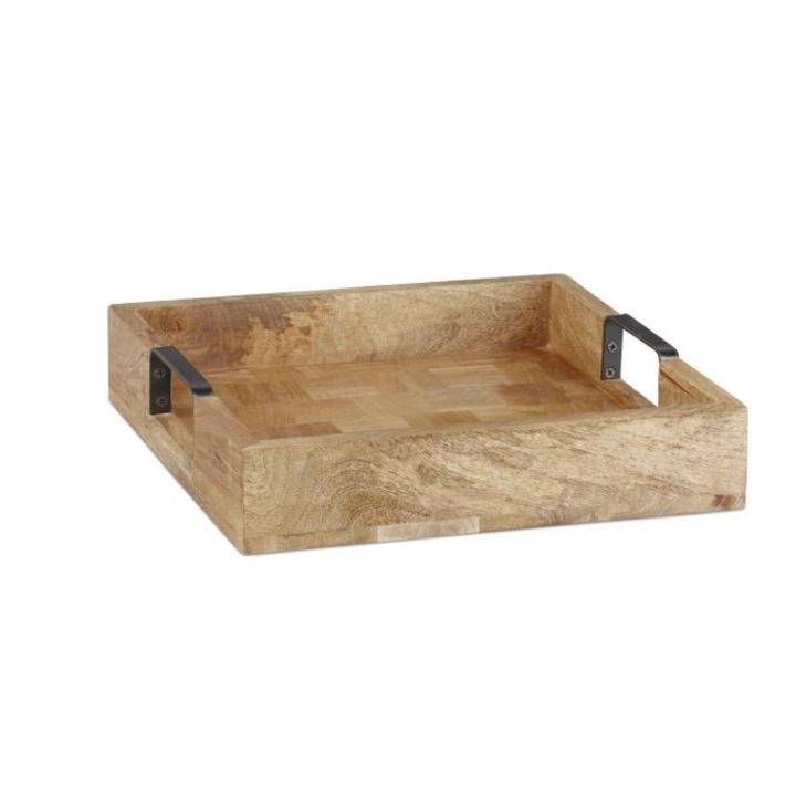 Tava de servire, din lemn de mango, manere metalice, 7, 5 x 35 x 35 cm