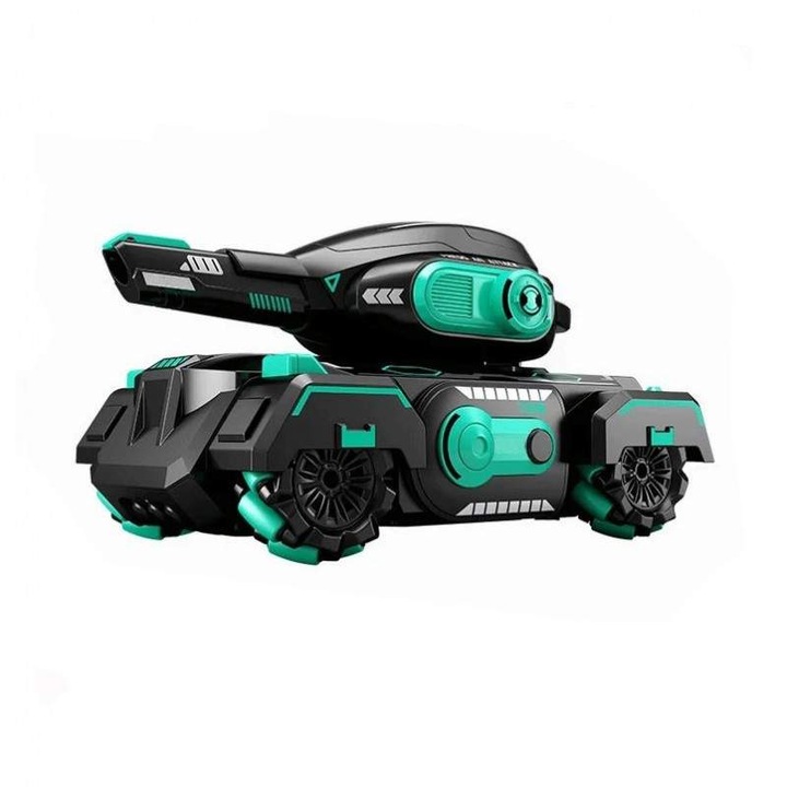 Tanc De Jucarie SIKS Cu Telecomanda, Bratara De Control, Bile Din Hidrogel Expandabile In Apa, Trage Cu Proiectile Din Apa, Rotatie 360°, Off-Road, Lumini Si Sunete Interactive, Negru cu Turcoaz