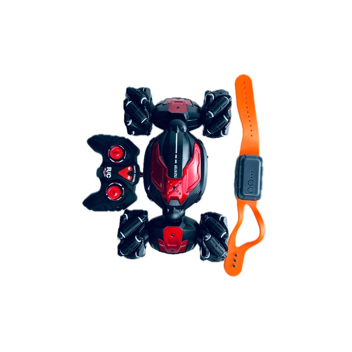 Távirányítós autó gyerekeknek 2,4 GHz, Karórával vezérelhető, 360 fokos elforgatás, Interaktív lámpák, Újratölthető, Kaszkadőrökhöz, Piros