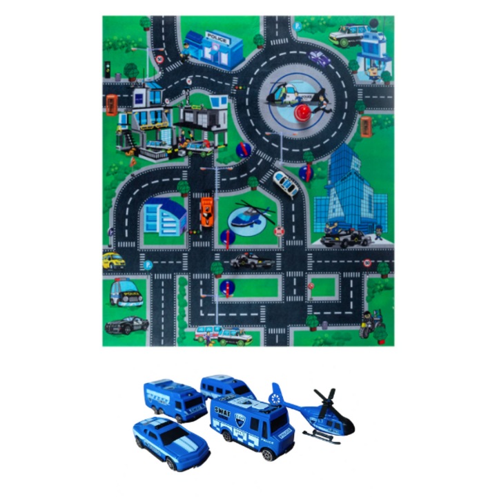4 db autós szett, 1 db helikopter és szőnyeg típusú játszószőnyeg gyerekeknek, városmodell, térérzékelés fejlesztésére, utcákkal, játszótérnek ideális, könnyen szállítható, tárolható és tisztítható, csúszásmentes, 80 x 70 cm, rendőrség