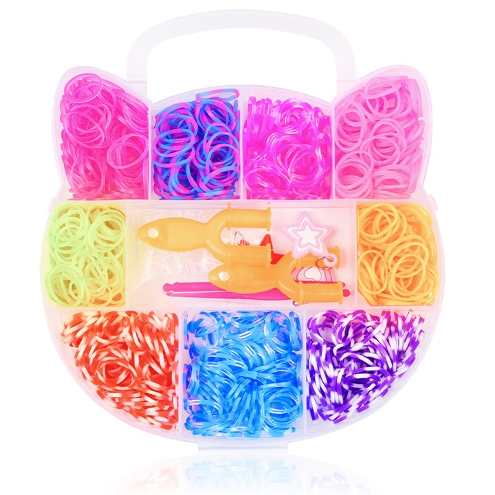 Set creativ de benzi elastice creative, forma de cap de pisica draguta, include accesorii pentru a face bratari elastice, aproximativ 600 de benzi curcubeu, multicolore, set de cadouri DIY pentru baieti si fete, 4 ani +