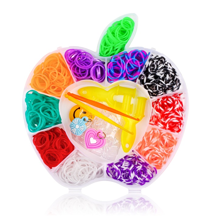 Set de benzi elastice creative, inclusiv accesorii pentru a face bratari elastice, aproximativ 600 de benzi de curcubeu, in forma de mar, multi-colorate, set de cadouri DIY pentru baieti si fete, 4 ani +