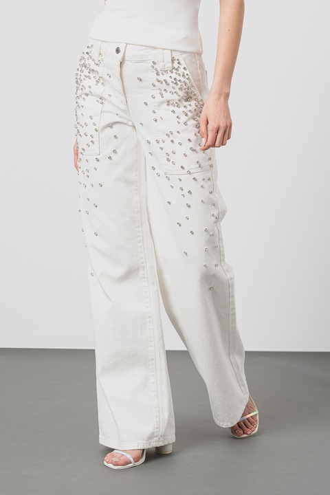 Max&Co, Bő szárú nadrág strasszkövekkel, Fehér, S-M