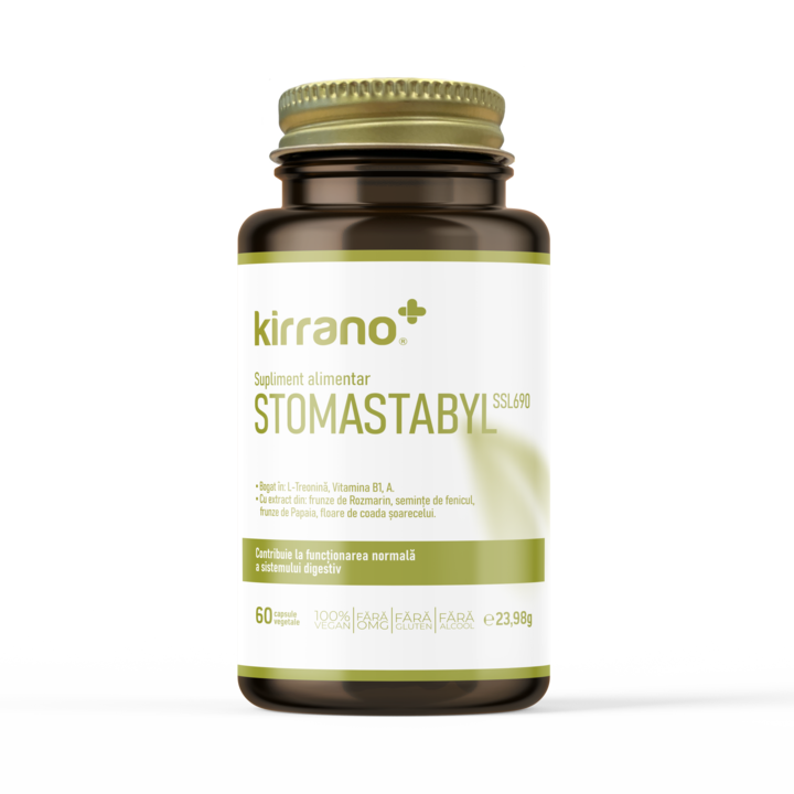 Supliment alimentar, Kirrano, STOMASTABYL SSL 690, Burta linistita cu Puterea Plantelor, seminte de Fenicul, floare de Coada Soricelului, Rozmarin, Papaia. Lupta cu Celulita. Bogat in L – Treonina, Vitamina B1, Vitamina A. 60 capsule
