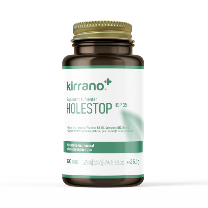 Supliment alimentar, Kirrano, HOLESTOP HSP 35+, Bogat in L-leucina, Vitamina B3, Vitamina B9, Coenzima Q10, Biotina. Cu extract din spirulina, usturoi, grau, seminte de in, chlorella. Metabolismul normal al macronutrientilor 60 capsule