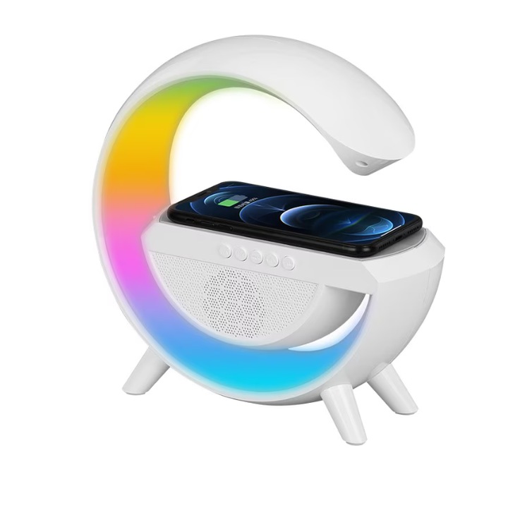 Smart LED RGB lámpa, BURRAQ Bluetooth hangszóró, vezeték nélküli töltő, zenei óra környezeti ébresztőfénnyel, ébresztő, 15 W-os gyorstöltő, alkalmazásvezérlés 16 millió fényszínnel, felnőtteknek és gyerekeknek