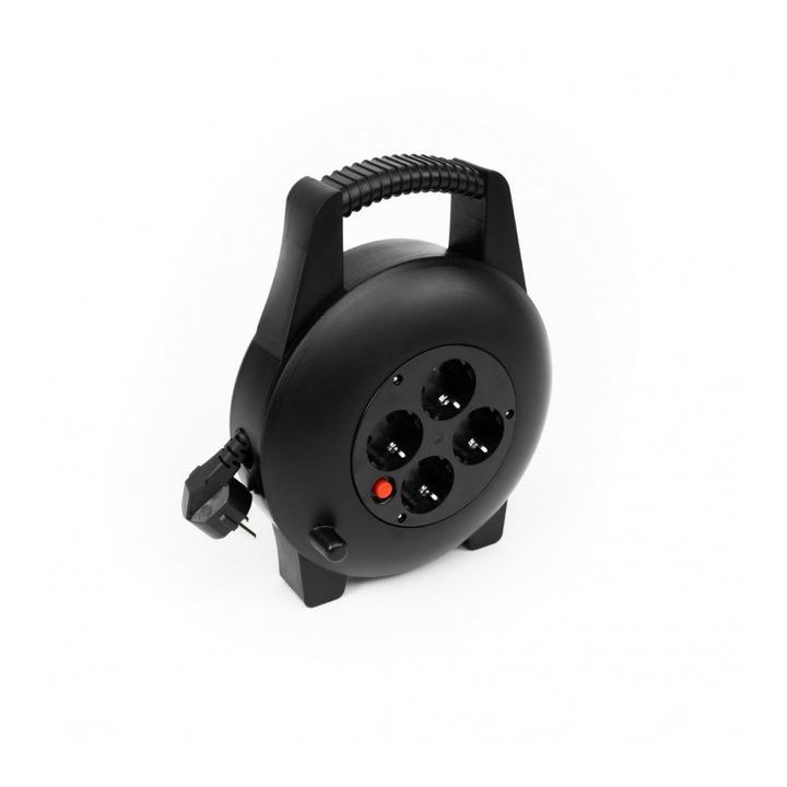 Prelungitor de curent STROXX cu 4 prize si impamantare, lungime 10 metri, pe tambur inchis si maner pentru transport