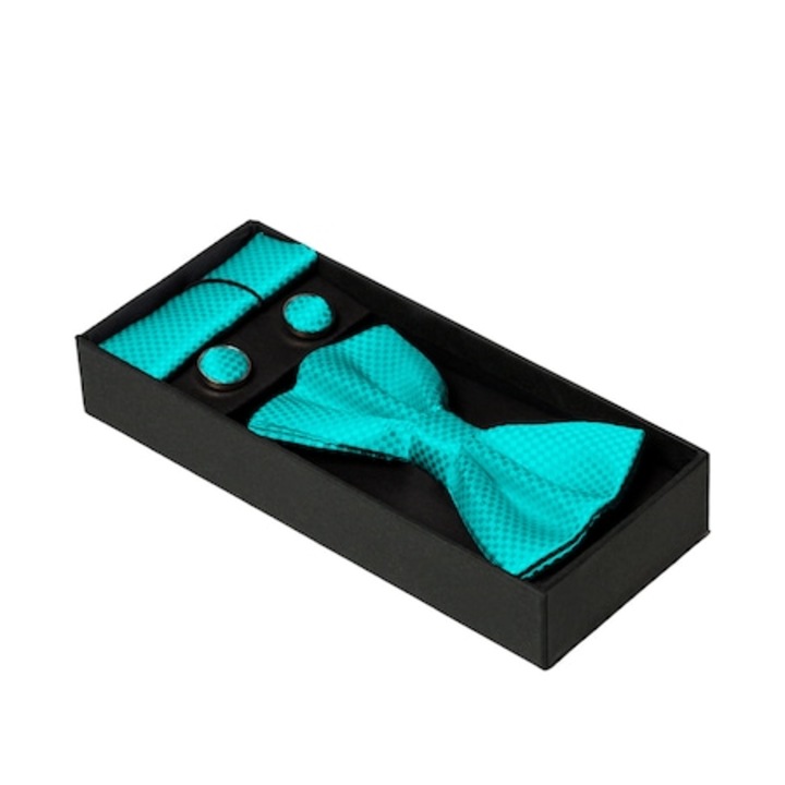 Set papion, batista si mansete de camasa, 12 x 6 cm, Turcoaz