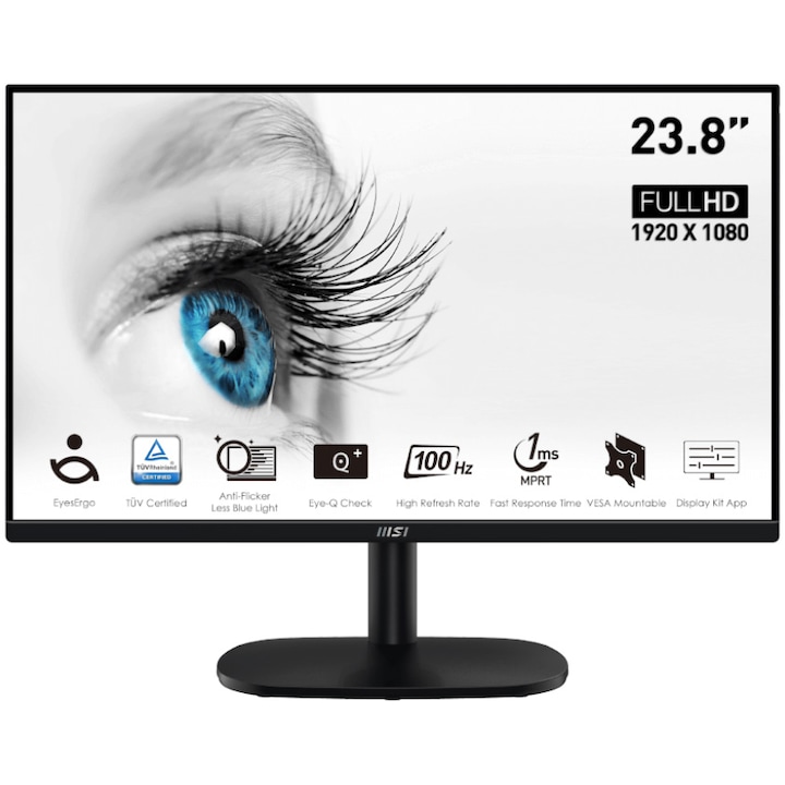 MSI PRO MP245V LED monitor, 23,8" VA, Full HD, 100 Hz, D-Sub és HDMI, 1 ms, Eye Care, fekete