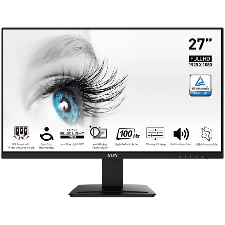 MSI PRO MP273A LED monitor, 27" IPS, Full HD, 100 Hz, D-Sub & DisplayPort & HDMI, 1 ms, Eye Care, fekete