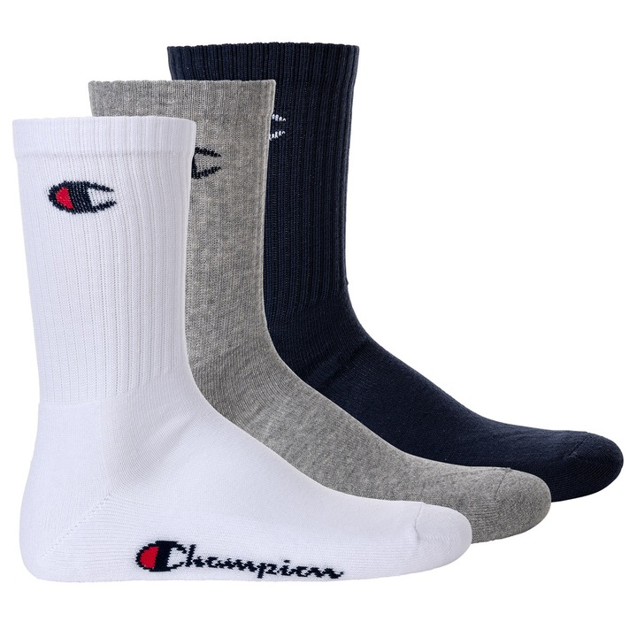 Champion, Set de sosete lungi unisex - 3 perechi, Alb/Gri/Albastru