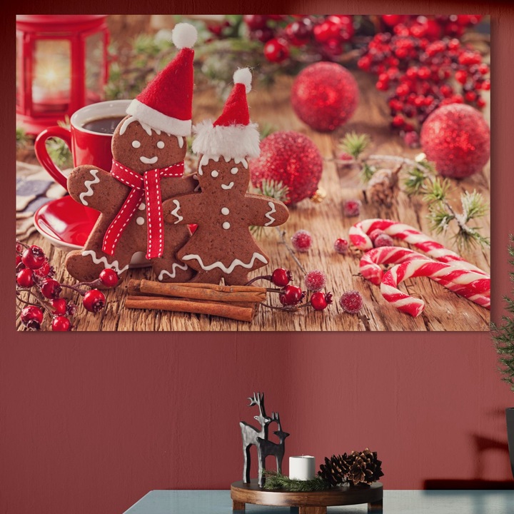 Премиум картина върху платно, LuxCanva® A1250, Джинджифилова двойка, 100 X 150 СМ, 100% памучно платно 400 г/м2, дървена рамка, декоративна, хол, Джинджифил, двойка, глобуси, близалки, канела, спалня, ярки цветове