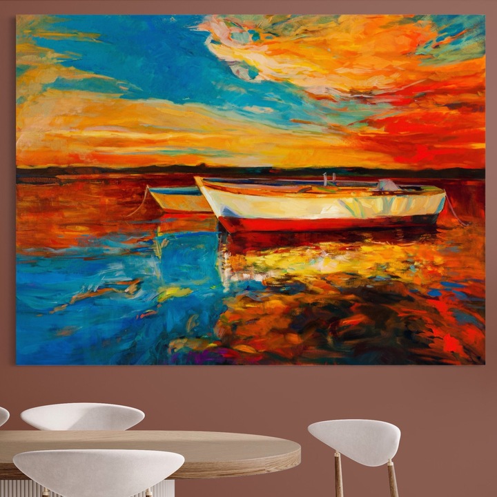 Премиум картина върху платно, LuxCanva® A1251, Залез в морето, 100 X 135 см, 100% памучно платно 400 г/м2, дървена рамка, декоративна, хол, лодки, вода, оранжево, небе, спалня, ярки цветове