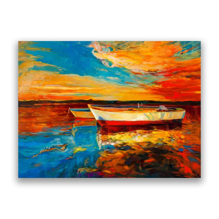 Първокласна картина на платно, LuxCanva® A1251, Залез над морето, 45 X 60 CM, 100% памучно платно 400g/m2, Дървена рамка, Декоративна, Всекидневна, Лодки, Вода, Оранжево, Небе, Спалня, Живи цветове