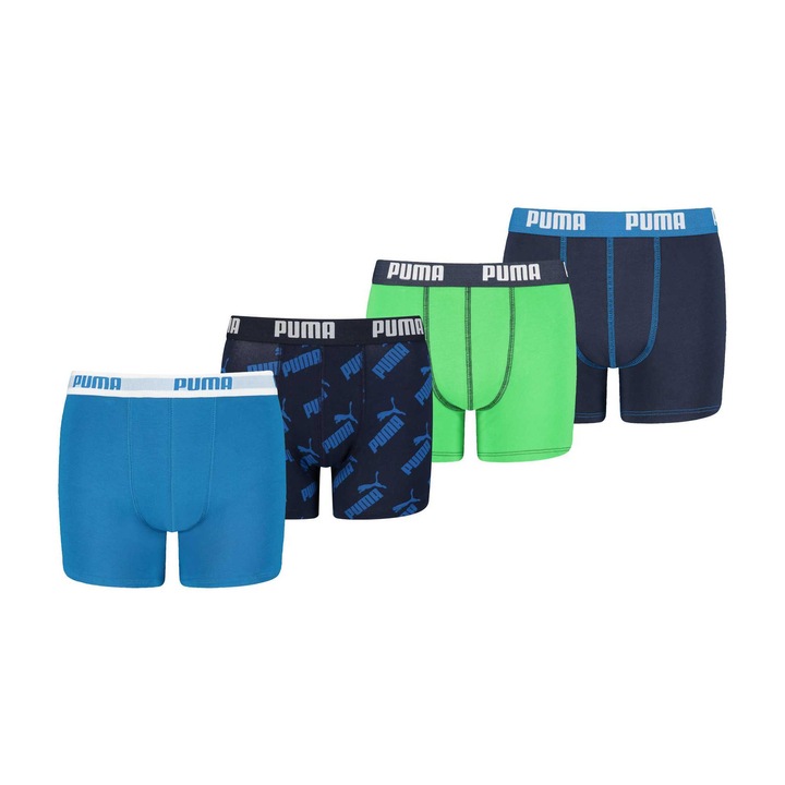 Puma, Set de boxeri cu banda logo in talie - 4 perechi, Verde/Albastru, 152 CM