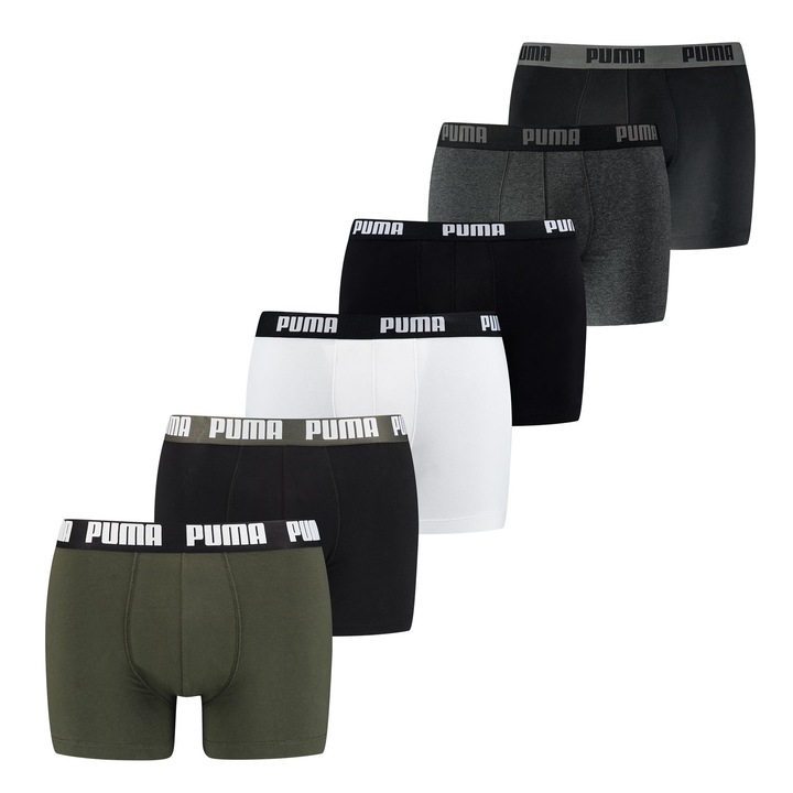 Puma, Set de boxeri cu banda logo in talie - 6 perechi, Alb/Verde/Negru/Gri