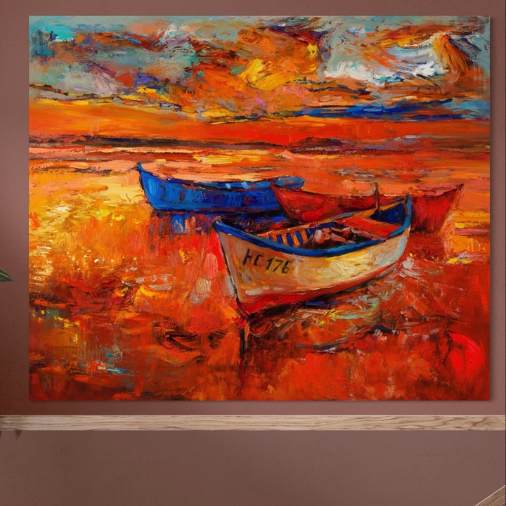 Премиум картина върху платно, LuxCanva® A1252, Лодки-паразити, 100 X 120 СМ, 100% памучно платно 400 г/м2, дървена рамка, декоративна, хол, небе, лодка, вода, море, оранжево, спалня, ярки цветове