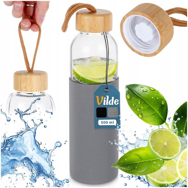 Sticla De Apa Din Sticla Borosilicata Cu Husa De Protectie, Vilde, 500 ml, Transparent/Gri, Capac Din Bambus Cu Snur, Husa Din Silicon Anti-Alunecare, Rezistenta La Temperaturi Ridicate, Ideala Pentru Calatorii Si Sport, Bpa Free