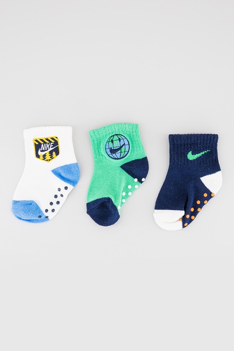 Nike, Къси чорапи с памук - 3 чифта, Бял/Зелен/Тъмносин, 16-17 EU