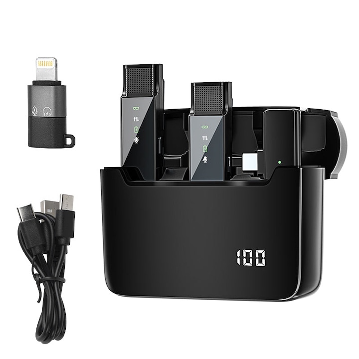 Комплект от 2 безжични петлични микрофона, JESWO, Цифров дисплей, 2.4G Wireless, Черен