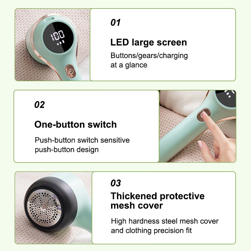 Aparat de curatat scame, JESWO,3 Viteze Ajustabile, Afisaj Digital LED, incarcare USB Type-C, Protectie Dubla Tesaturi, Verde