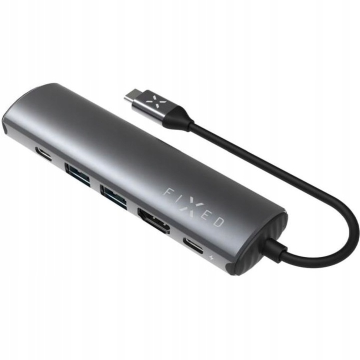 HUB USB-C la HDMI, RJ45, 2x USB-C, 2x USB-A, PD100W, 4K UHD, 1000Mb/s, 10Gbps - Fixed (FIXHU-P-GR) - Grey