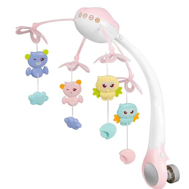 Музикална въртележка за Teno® Cot, Baby, дистанционно управление, проектор, музика и светлини, подвижни играчки, розово