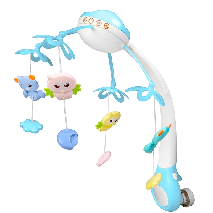 Музикална въртележка за Teno® Cot, Baby, дистанционно управление, проектор, музика и светлини, подвижни играчки, светло син