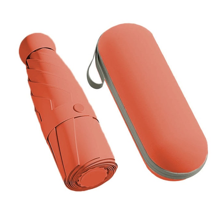 Mini umbrela cu toc pliabila si portabila, protectie ploaie si raze uv, dimensiune pliata 19 x 6 cm, extinsa 96 x 58 cm, 290g, Culoare Portocaliu