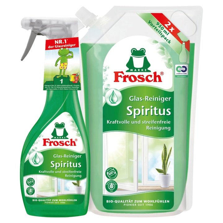 Solutie pentru curatat geamuri Frosch, Spiritus, spray, 500 ml + rezerva 950 ml