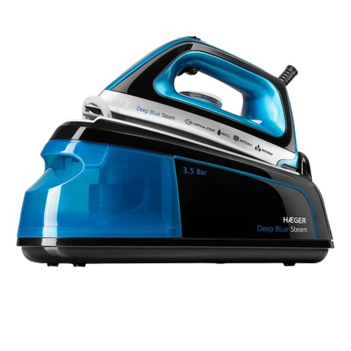 Statie de calcat cu generator de aburi HAEGER DEEP BLUE, Presiune abur 3.5 bar, 2200W, Talpa ceramica pentru alunecare perfecta, Sistem anti-calcar, Functie auto-curatare, Albastru