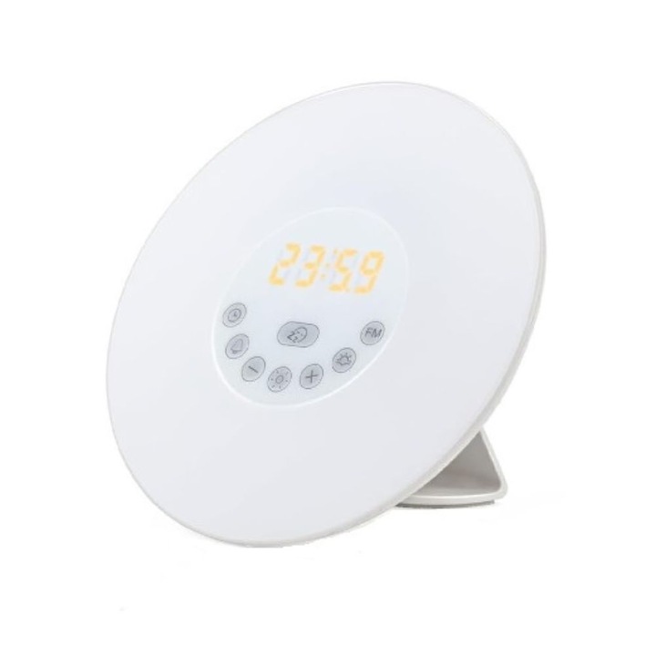 Dispozitiv multifunctional smart, Ceas digital, Boxa difuzor 6 sunete albe, alarma, lumina calda de veghe ajutabila pentru bebelusi imita rasaritul/apusul, ideal pentru relaxare, FM Radio, USB, Portabil, ABS, alb