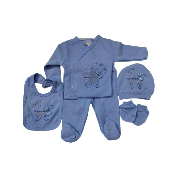 Compleu copii, 5 piese, 0-3 luni, model animalute norocoase, Albastru Chrome