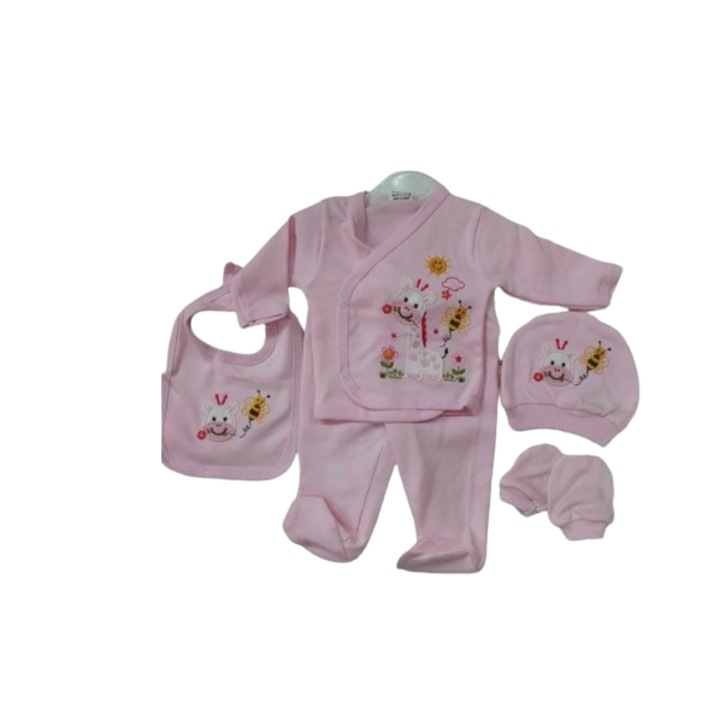 Compleu 5 piese, 0-3 luni, model animalute norocoase, de fetite, roz