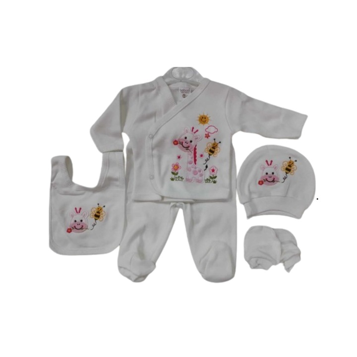 Compleu 5 piese, 0-3 luni, model animalute norocoase, de fetite, Alb roz
