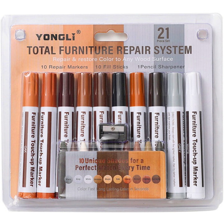 Комплект от 10 маркера и 10 полутвърди восъчни молива за ремонт, Yongli, Universal, Multicolor